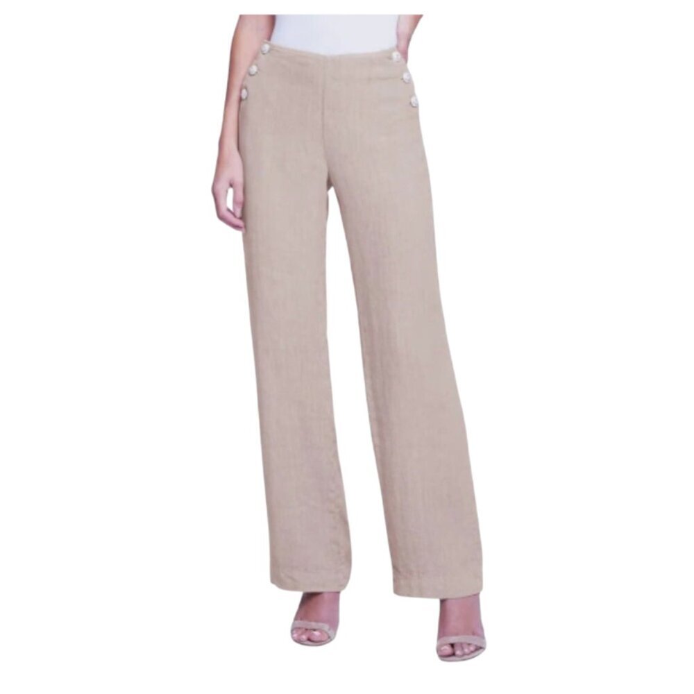 L'Agence Dee Wide Leg Linen High Rise Pants Womens 29 Beige Khaki Sailor Buttons